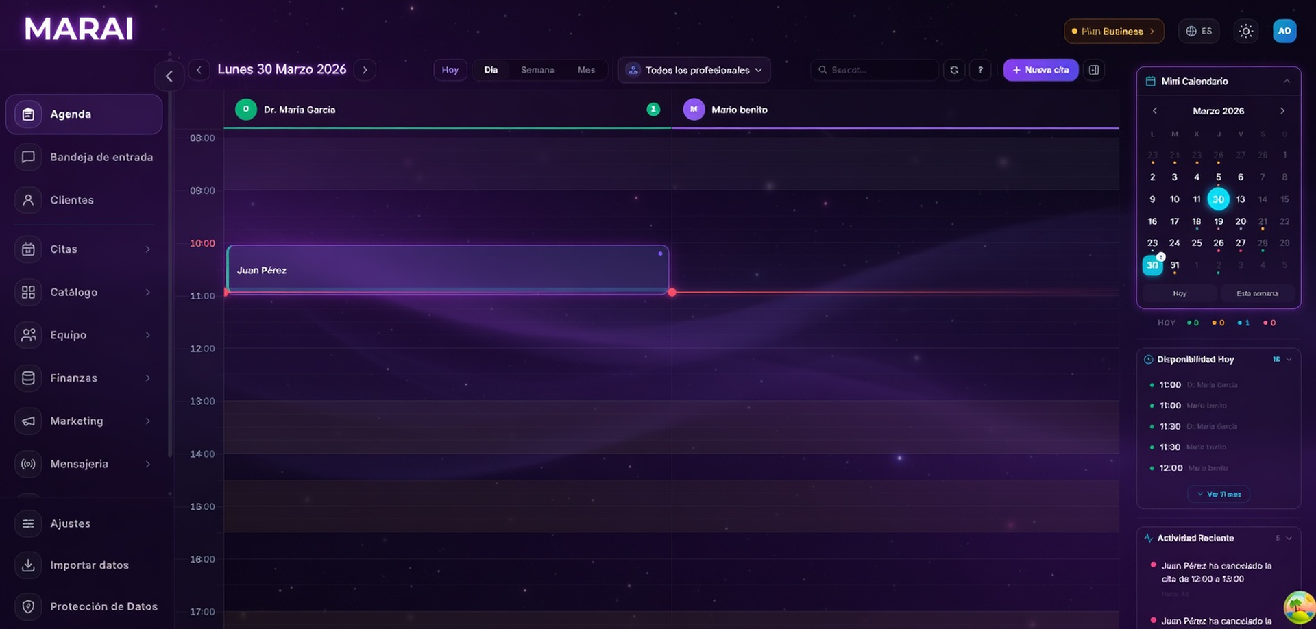 Panel de control de Marai con la agenda semanal, ingresos del día y próximas reservas